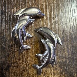 Vintage Silver Tone Jumping Dolphins Large Clip on Earrings